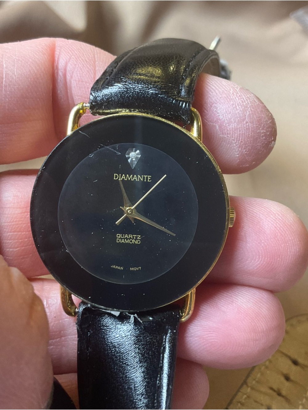 Diamante Quartz Watch Black Dial Gold Tone Diamond Accent Minimalist Dress Watch